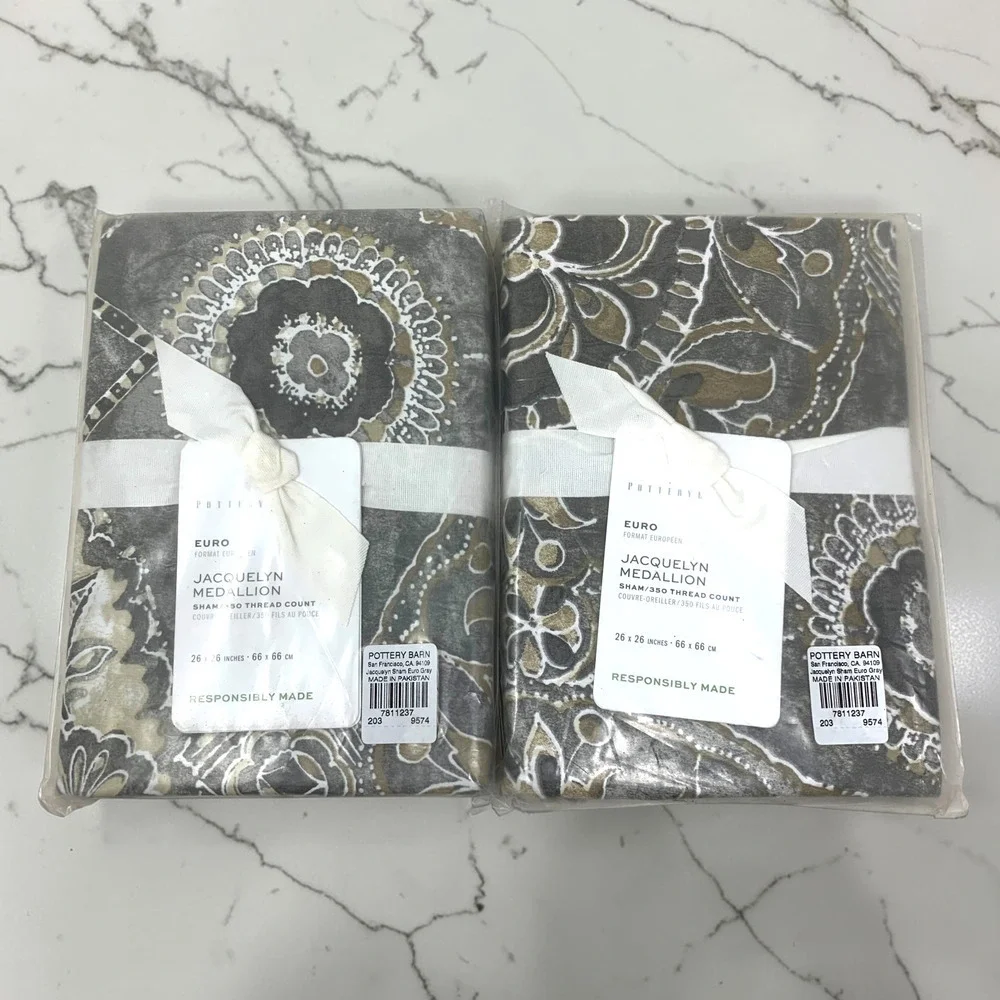 NEW Lot 2 x Pottery Barn Jacquelyn Medallion Organic Sateen Euro Shams Farmhouse